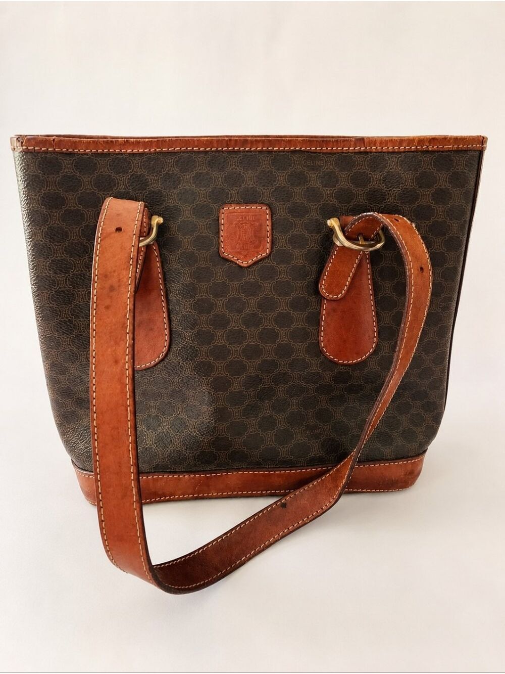 Vintage Celine Macadam Brown Leather Shoulder Tote Bag Made in Italy - Picture 1 of 16